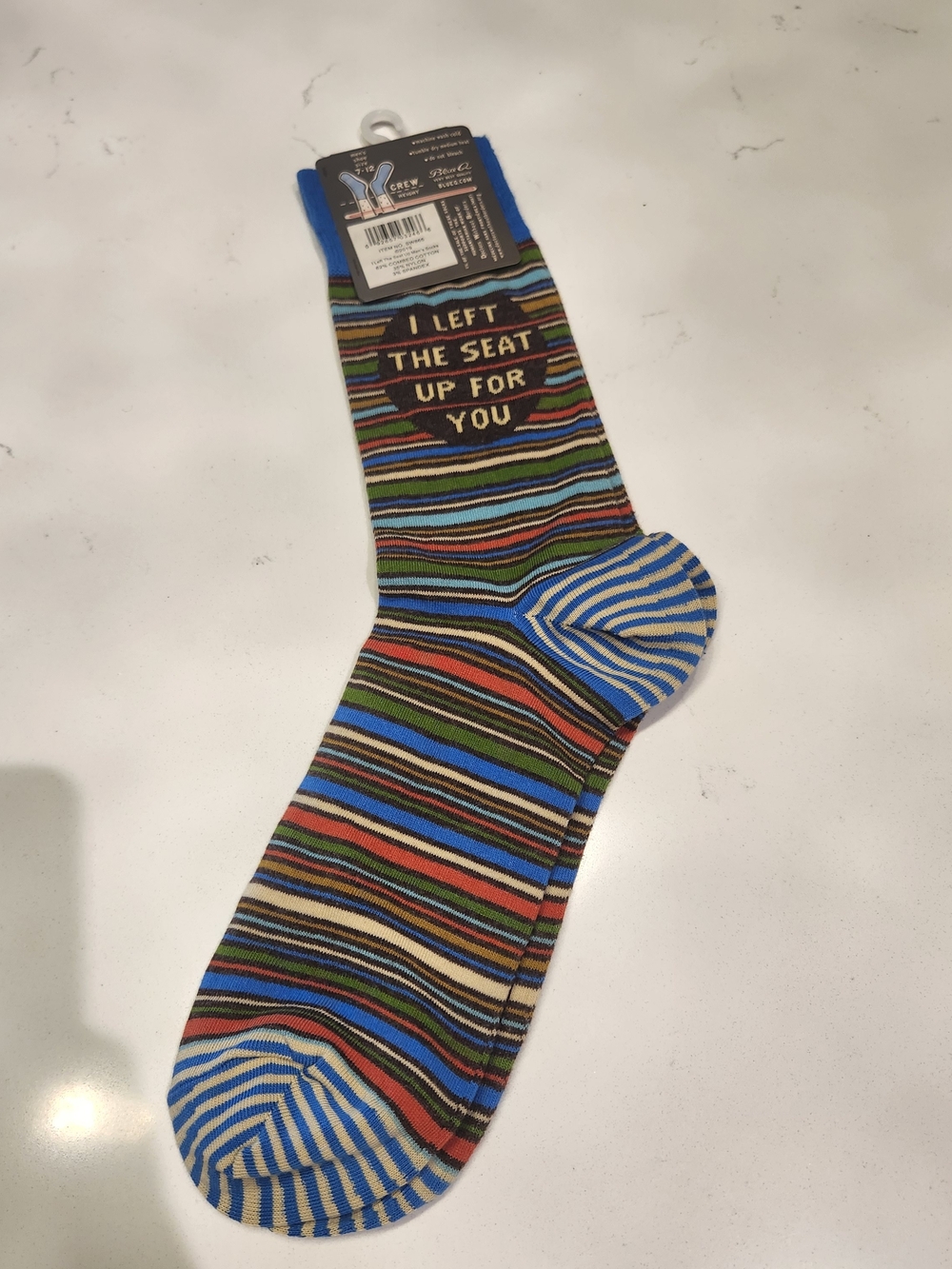 Blue Q Multicolor Striped Crew Socks with Text Accent